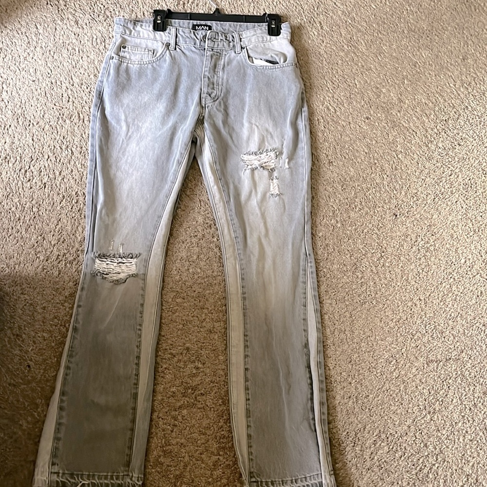 Men light grey flare stacked Jeans